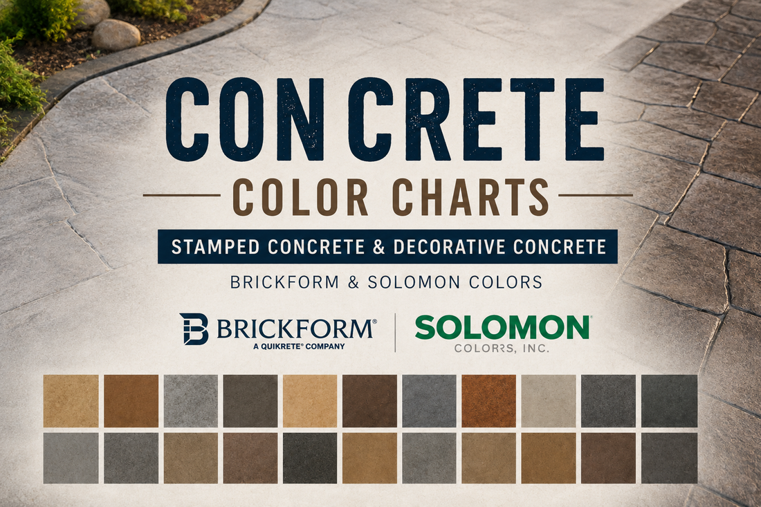 Stamped concrete patio and decorative concrete color chart banner featuring Brickform and Solomon concrete colors for patios, driveways, walkways, and outdoor living spaces in Denver Colorado.
