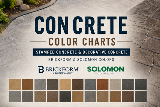 Stamped concrete patio and decorative concrete color chart banner featuring Brickform and Solomon concrete colors for patios, driveways, walkways, and outdoor living spaces in Denver Colorado.
