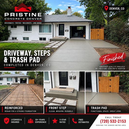 Pristine Concrete Denver driveway, front step and trash pad project completed in Denver CO