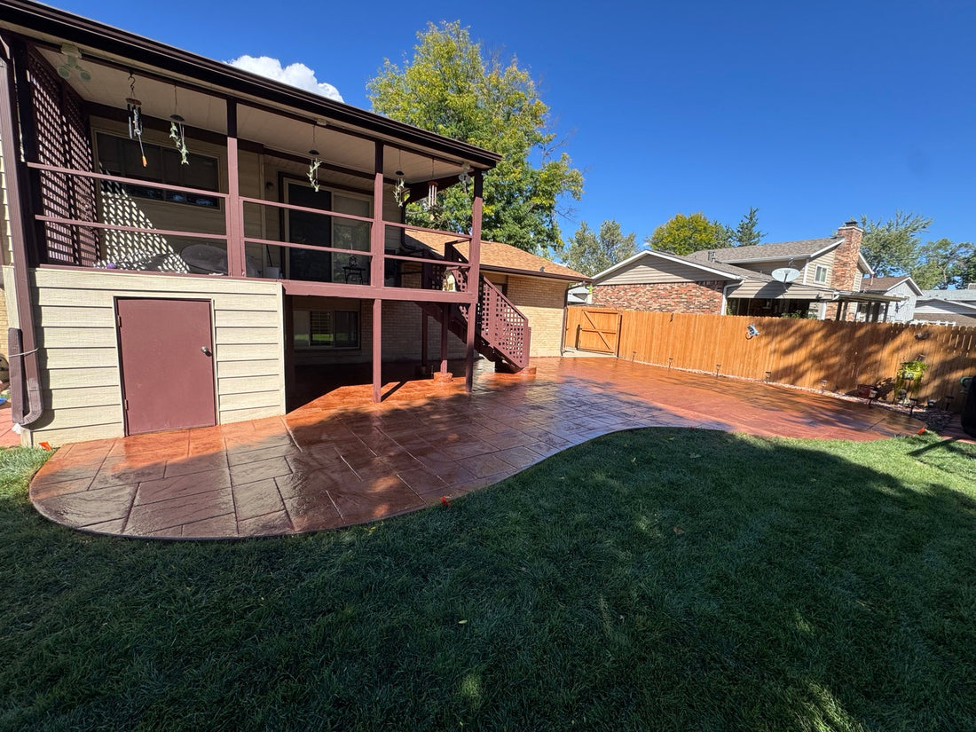 Stamped concrete patio restoration in Denver CO with Brickform Brick Red Antique-It and high-gloss sealer