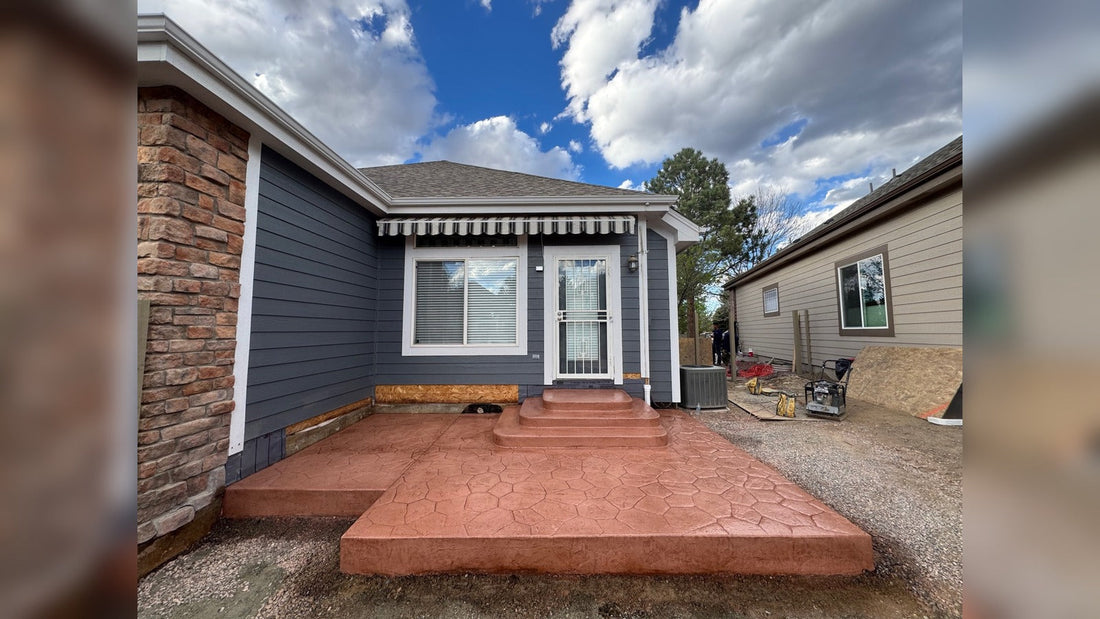 Finished stamped concrete patio with random stone pattern and steps in Denver Colorado by Pristine Concrete Denver