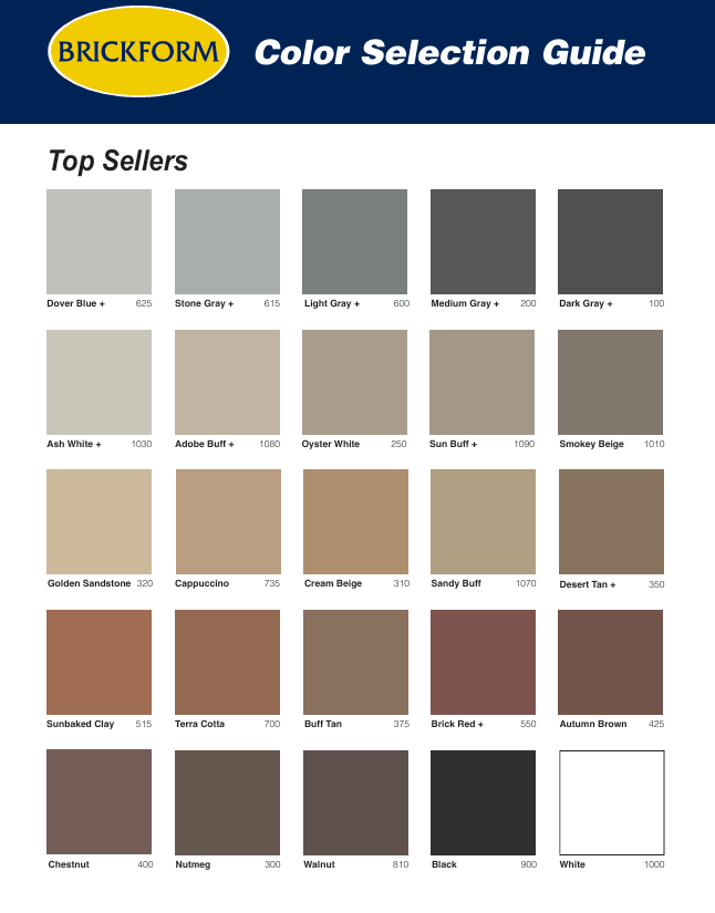 Brickform decorative concrete color chart displaying stamped concrete color hardeners and concrete color options for patios, driveways, walkways, and pool decks in Denver Colorado.