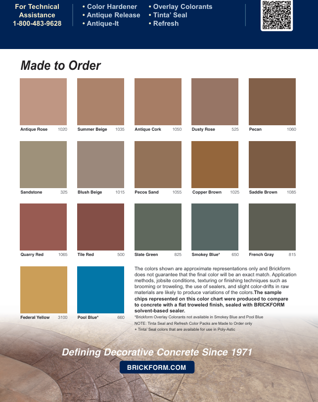 Additional Brickform stamped concrete color options and decorative concrete finishes for patios, sidewalks, driveways, and outdoor living spaces.