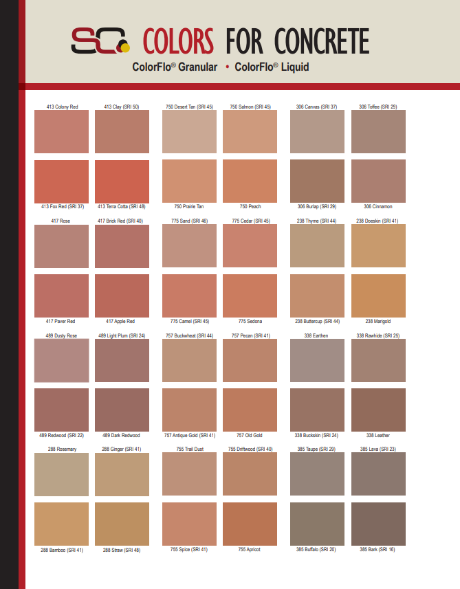 Solomon integral ready mix concrete color chart showing decorative concrete color options for stamped concrete patios, driveways, walkways, and outdoor concrete projects in Denver Colorado.