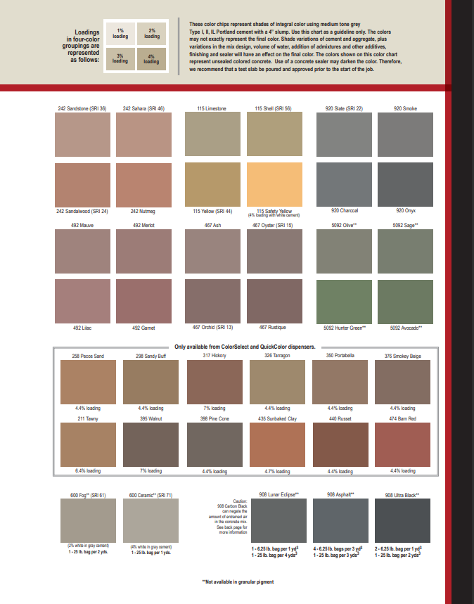 Additional Solomon concrete color chart featuring integral color options for decorative concrete patios, sidewalks, stamped concrete, and driveway installations.